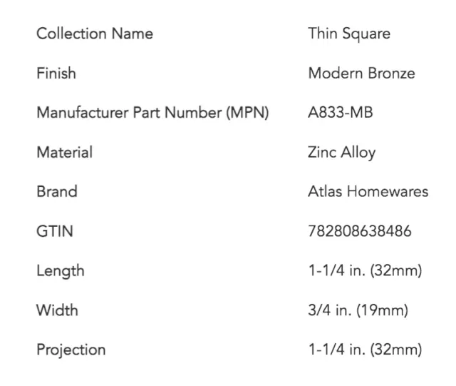 Bouton d'armoire carré mince Atlas Homewares A833 1-1/4" en bronze moderne, neuf ! 2