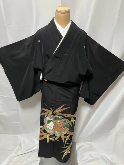 K014 Japanese Vintage Kimono Tomesode/Family crest/bamboo grass/Height 150cm