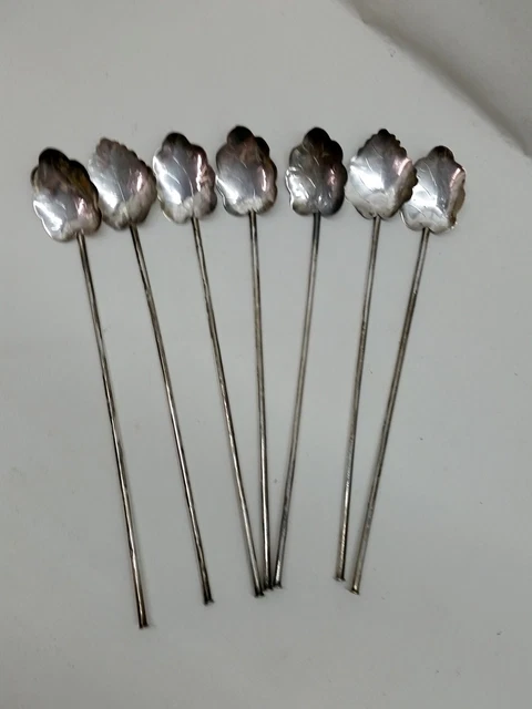 Mint Julep Iced Tea Sterling Sipper Spoons c1920, 7 with Mint Leaf Design