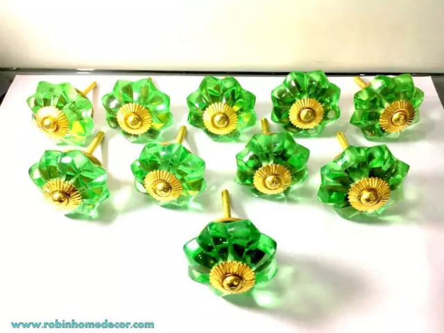 Set of 10 Pcs Antique Vintage Old Glass Green Door Knob with Door Plate