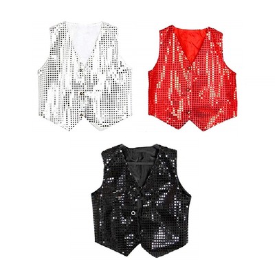 PICCOLI MONELLI Gilet Paillettes Bambino Argento di Carnevale Smanicato brillantinato per Recite spettacoli e saggi 8-9 Anni tg 140 cm 