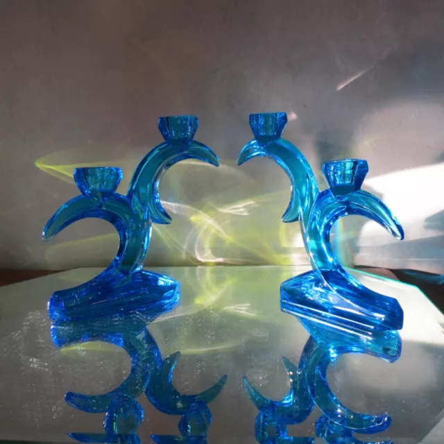 Pair of Irish Blue Duiske Double CandleHolders Cut Crystal