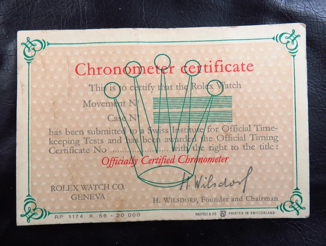 Genuine Unused 1956 Swiss Rolex Men Watch Chronometer Certificate Paper Genuine Unused 1956 Swiss Rolex Men Watch Chronometer Certificate Paper