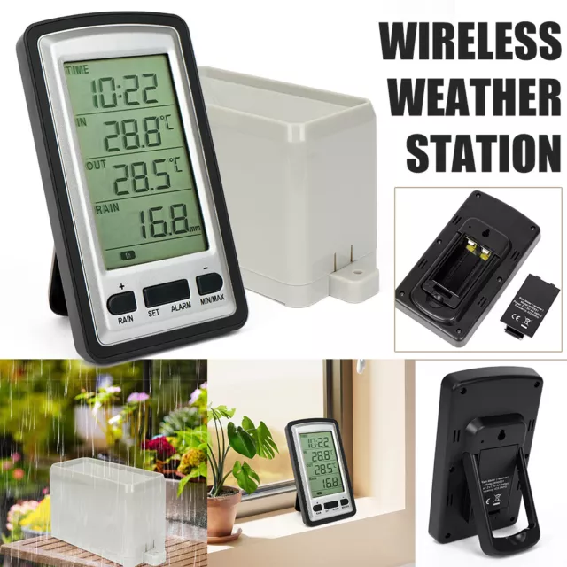 Wireless Weather Station Thermometer LCD Digital Alarm Clock Rain Gauge indoor