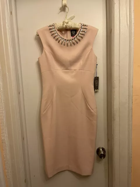 NWT Vince Camuto Dress 4 Womens pink Embellished Beaded Neckline Shift