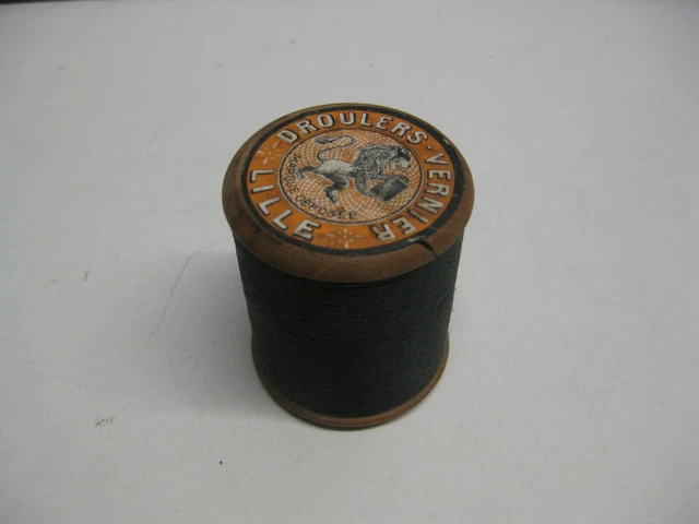 Mercerie ANCIENNE BOBINE FIL DE LIN retors 3 fils noir N°732 DV fuseau
