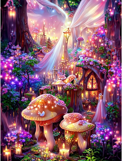 Kits de pintura de diamantes de bosque de fantasía para adultos, kits de arte de diamantes de hongos completos