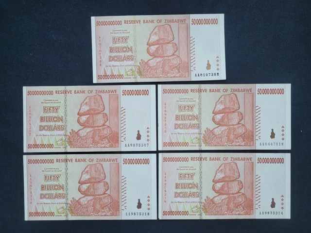 Zimbabwe 5 x 50 Billion Dollars 2008 Pick- 87 –  Lot 5 pcs