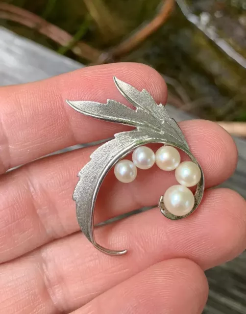 Vintage Mikimoto Sterling Silver Akoya Pearl Brooch Pin. Vintage