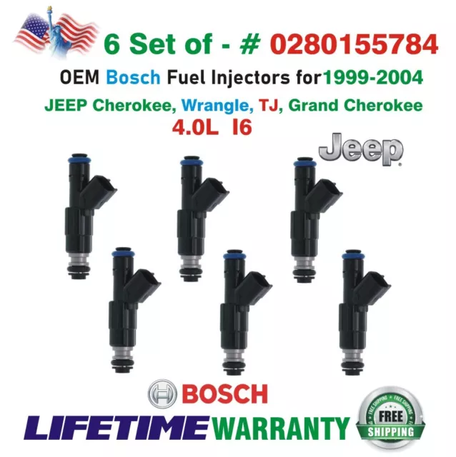 GENUINE Bosch set of 4 Fuel Injectors for 1998-2004 Jeep 4.0L I6 #0280155784