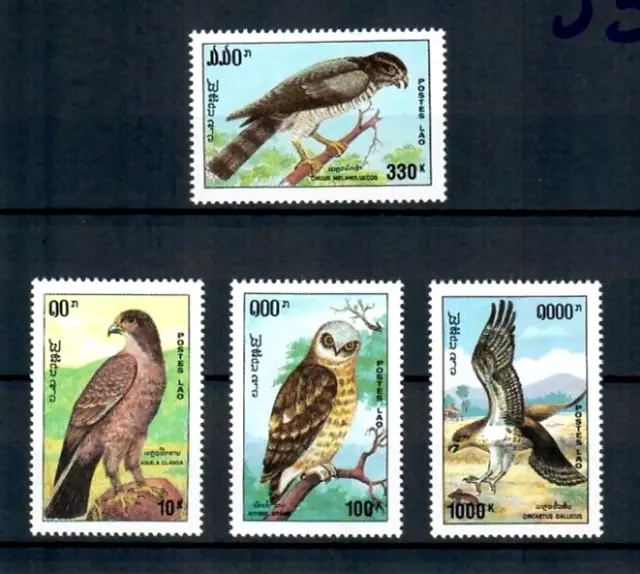 LAOS SC# 1135-1138 MH SET BIRDS OF PREY, 1993 (Fauna, Animals)