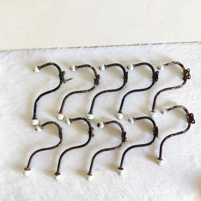 1920 Vintage Victorian Ceramic Knob Ornate Iron Wall Hanger Hook Rare 10Pcs I85