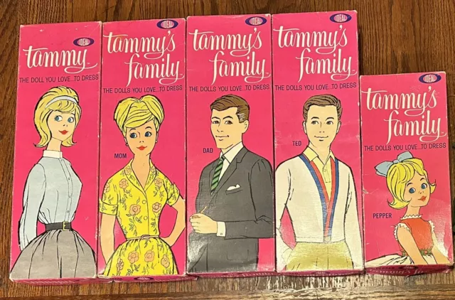 Vintage Ideal Tammy Doll Family Mom Dad Ted Pepper Lot Of 5 Original Box 1963 2