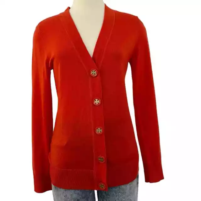 Tory Burch Merino Wool Cardigan Sweater Logo Buttons Orange-Red | Size M