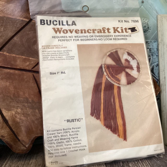 Kit tejido vintage Bucilla 7896 ""Rústico"" colgante de pared 7"" redondo década de 1970 Boho