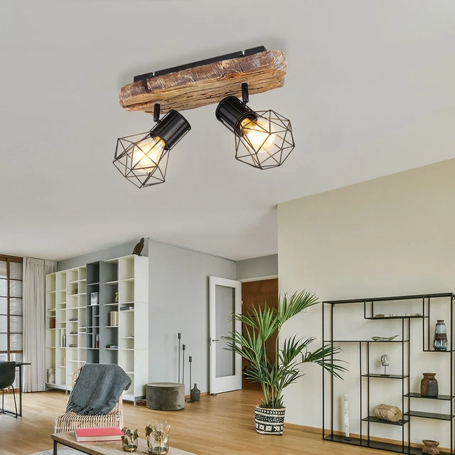 Lámpara de Techo Foco Imitación Madera 2 Focos Rejilla Focos Movibles