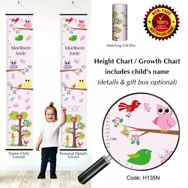 Personalised Height Growth Chart Owls & Birds Theme for Baby Girl or Child