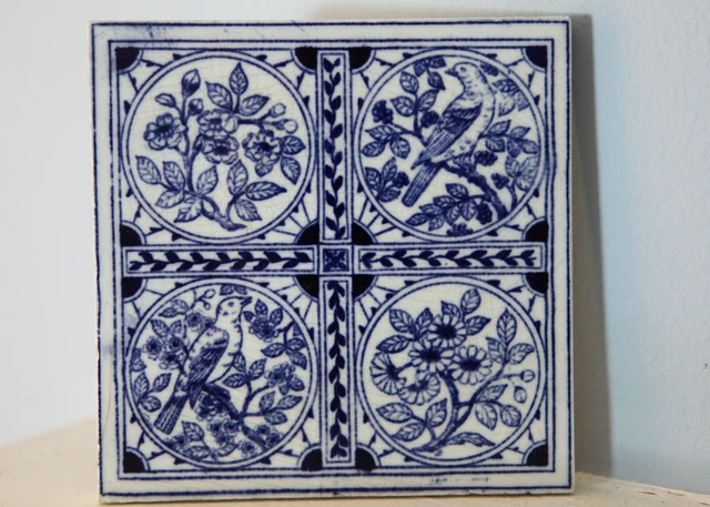 Vintage MINTON HOLLINS & CO BLUE and WHITE TILE -  Song Birds & Flowers - 1 of 6