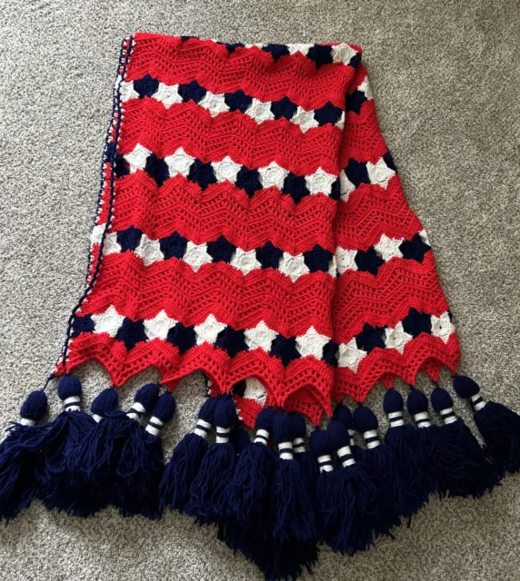 Patriotic Handmade Crochet Afgan Throw Blanket with Tassels Red White Blue