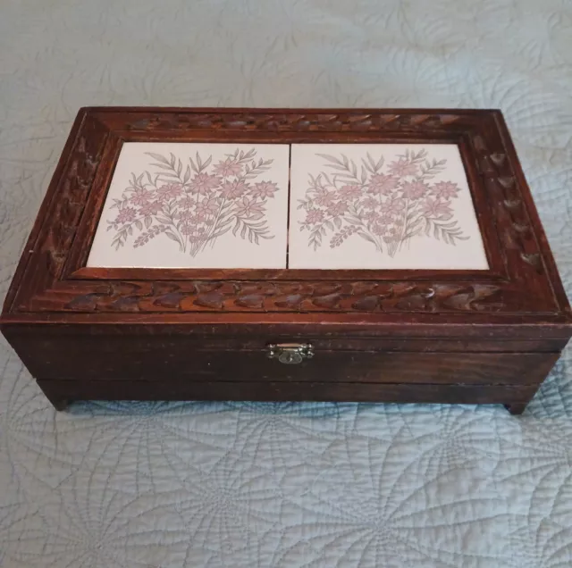 Vintage Wooden Jewelry Box w Red Felt Inside  Pink Floral Tiles on Top