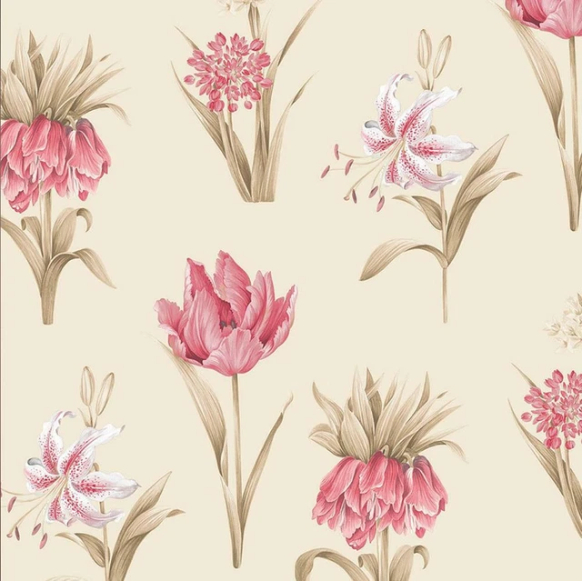 Beige Pink Floral Leaf Wallpaper Botanical Flowers Pre-Pasted Vinyl Norwall