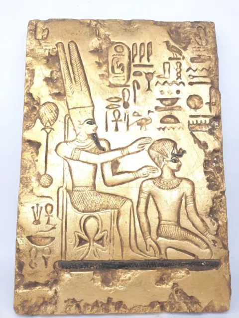 ANCIENT EGYPTIAN STELA GOLD Seated God Amun Key of Life Good Hiroglyphic