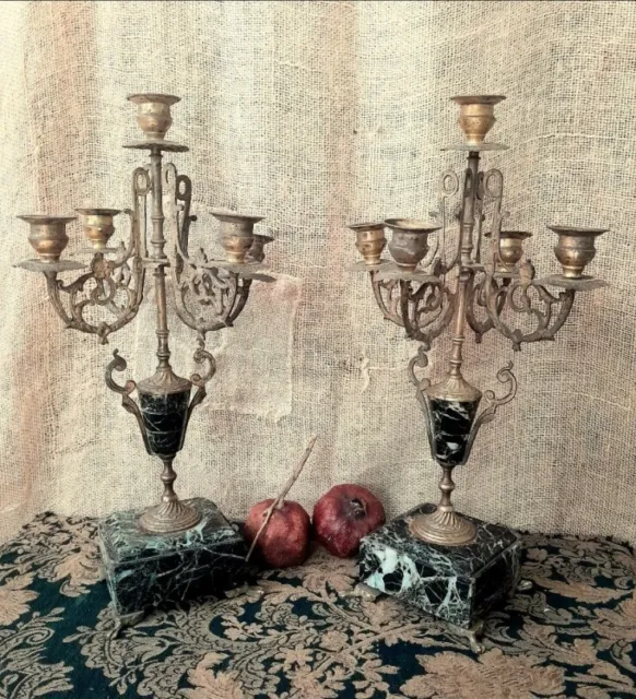 Antique French Candelabra LARGE Pair Ornate Brass and Marble Napoleon, Victorian