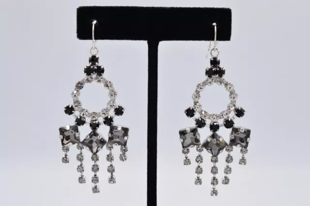 Lulu Frost Dangle Earrings Rhinestone Crystal Black Gunmetal Chandelier BinX