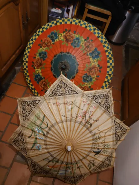 2x Vintage Oriental Chinese Hand Painted Umbre  Japanese Paper Umbrella Parasol