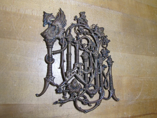 Antique Griffin Winged Monster Beast Torches Flowers Brass Ornamental Decorative 2