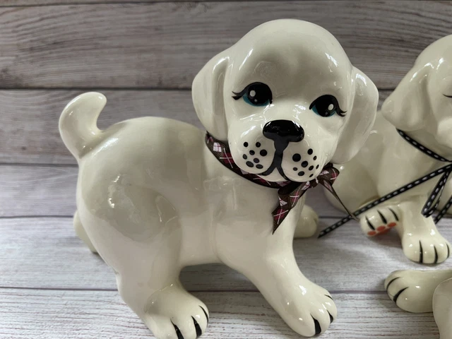 Vintage Large Ceramic Puppy Statue Figurines Set Of 3 Cream/white 2