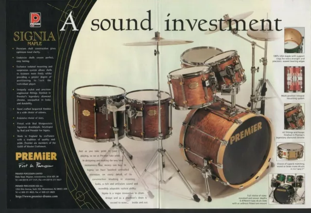 1998 2pg Print Ad of Premier Signia Maple Drum Kit