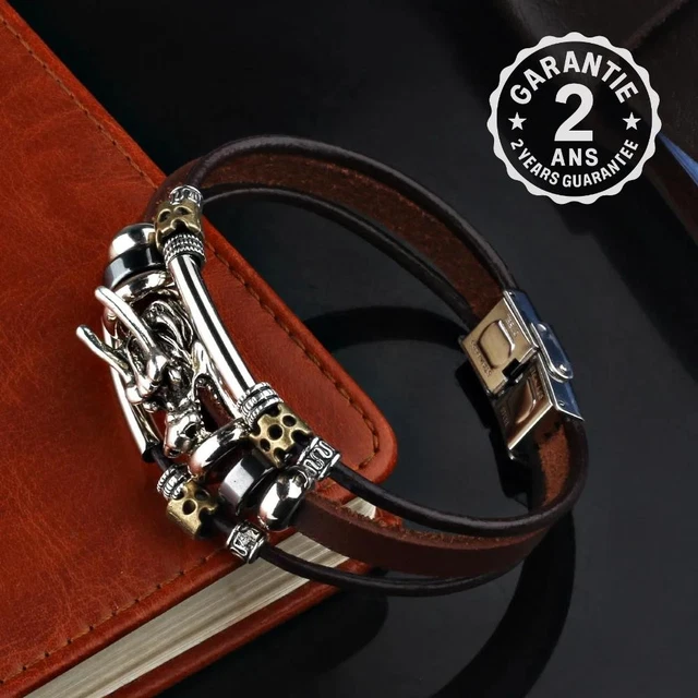 Bracelet Homme Cuir Marron Avec Fermoir Tête De Dragon Acier Inoxydable - 20 Cm - Occasion Très Bon état