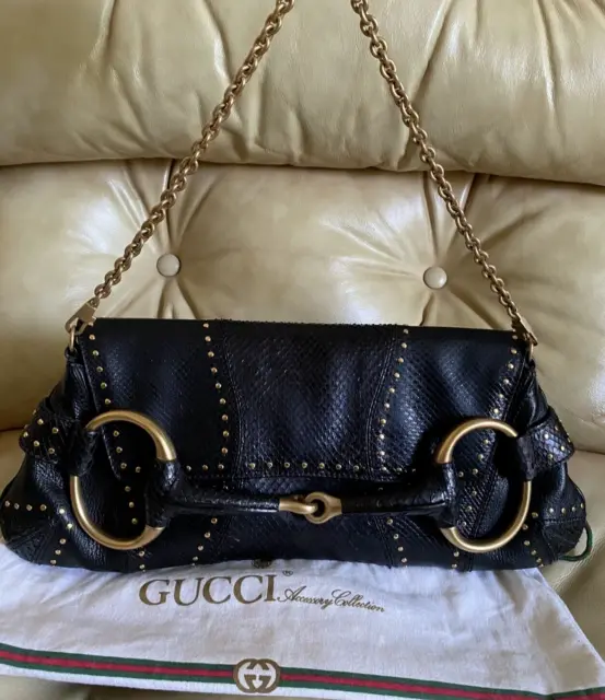 Rare Gucci LARGE Bag Tom Ford Horsebit 1955 Leather Chain Python Snake Studded