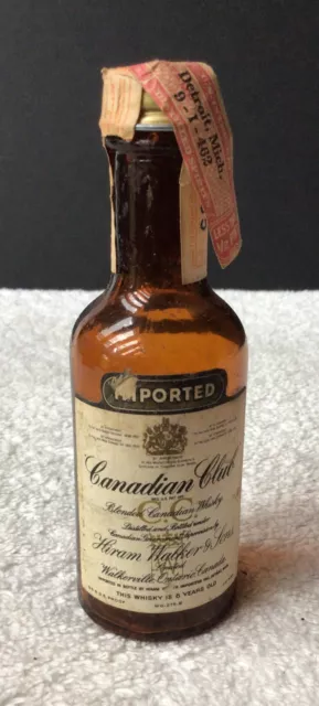 Vtg Canadian Club Whisky Hiram Walker 1/10 pint Miniature Glass Bottle empty