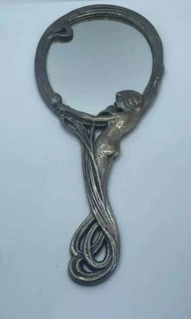 Ancien Miroir Face A Main En Bronze Argenté Art Nouveau Femme Elegante