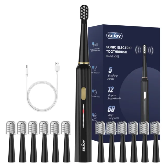 SEJOY Sonic Electric Toothbrush Rechargeable 12 Brush Heads 5 Modes 2 Min Timer