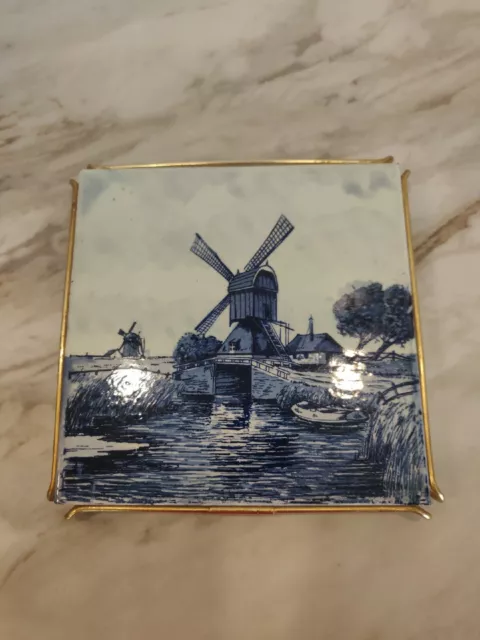 Delft Blue Tile Trivet With Metal Gold Tone Frame Handpainted Holland Windmill