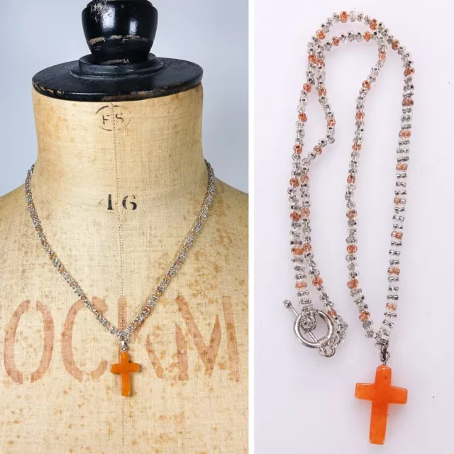 Vtg Orange Stone Cross Beaded Pendant Necklace Christian Ethnic Surfer Unisex