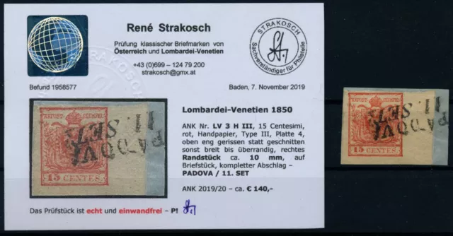 LOMBARDEI-VENETIEN 1850 15C, RANDSTÜCK! RAND:10mm! Wz! PADOVA. ANK:140,-! Befund