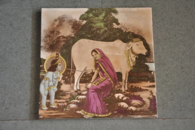 Vintage Colorful HS Mark Lord Krishna & Mother Yasoda Ceramic Tile,Japan