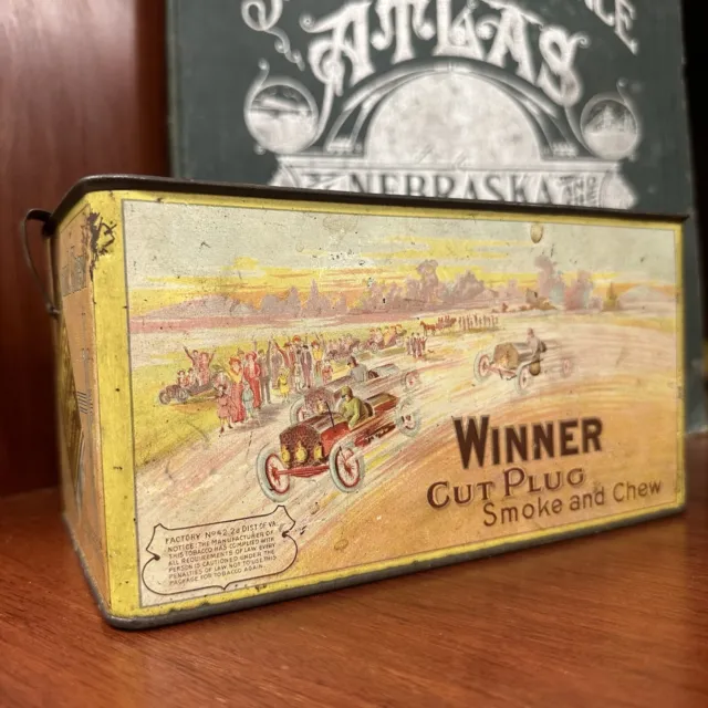 Vintage Winner Cut Plug Tobacco Tin Lunch Pale Advertising Racing Missing Lid
