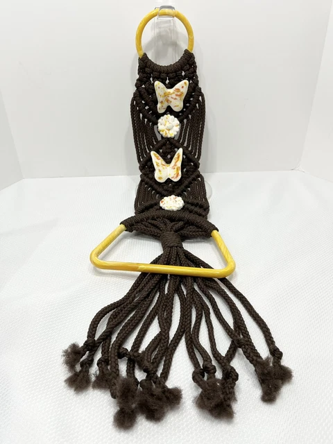 VTG MCM Ceramic Macrame Wall Towel Hanger Brown & Yellow Orange Butterfly Flower 3