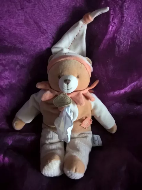 Doudou et compagnie ours naturel mouchoir blanc orange marron 28cm etat neuf