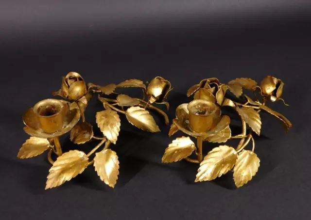 Pair of Vintage 1960s Italian Gilt Tole Metal Leafy Roses Low Candle Holders