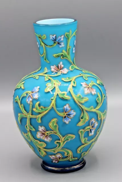 Ancien Vase En Verre A Decor Floral Emaille