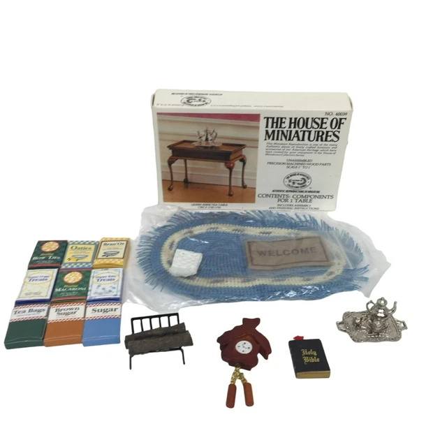 Miniature Dollhouse Accessories Food Cookoo Clock Rug Tea Table Fireplace Logs