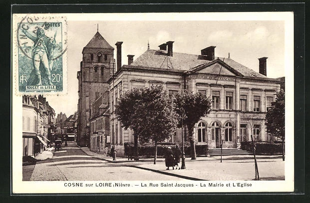 CPA Cosne, La Rue Saint-Jacques, La Mairie et L´Église 1916