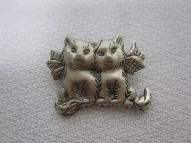 Vintage Beau Sterling Silver 2 Sweet Cats With Bows Pin Brooch