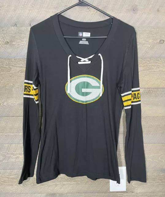 Camisa de mujer Green Bay Packers pequeña manga larga de encaje cuello corbata ropa de equipo de la NFL